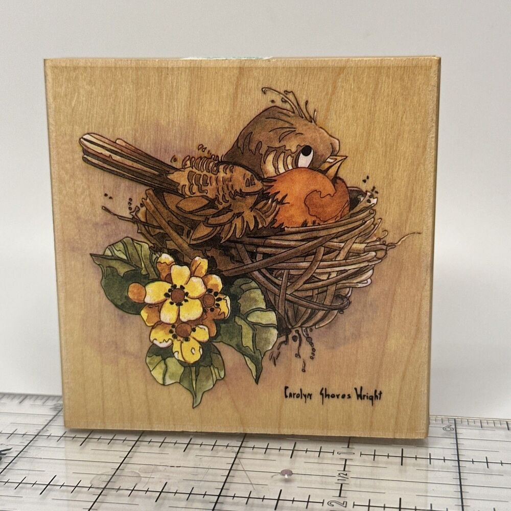 Carolyn Shores Wright Robin Wooden Rubber Stamp Happen Bird Sitting Nest Retired